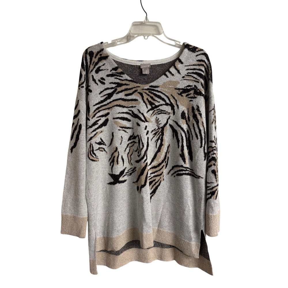 Chicos Tiger Graphic Sweater Womens 1 M Animal Print Tunic Knit Safari